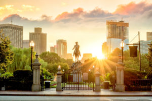 paul revere statue with boston skyline