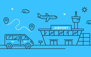 cartoon of airport shuttle arriving to the airport with a plane flying over